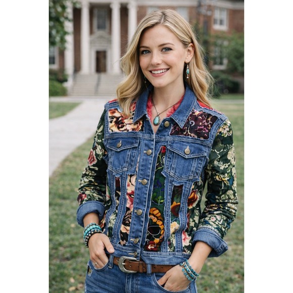 John Mark Jackets & Blazers - John Mark Denim Jacket Mixed Media Floral Velvet Patchwork Designer Medium